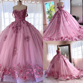 Princess Pink Quince Dresses Off The Shoulder 3D Flowers Mychicdress